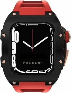 ONECMN Fluorelastomer-Armband, Titan-Uhrengehäuse, Nachrüst-Set, für Apple Watch Serie 8, 45 mm, RM Mod Kit, 44 mm, Metallrahmen, Gummiband mit Edelstahl-Verschluss, für Herrenuhrenzubehör, 44mm, von ONECMN