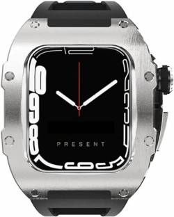ONECMN Fluorelastomer-Armband, Titan-Uhrengehäuse, Nachrüst-Set, für Apple Watch Serie 8, 45 mm, RM Mod Kit, 44 mm, Metallrahmen, Gummiband mit Edelstahlverschluss, für Herrenuhrenzubehör, 45 mm, von ONECMN