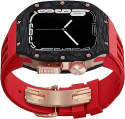 ONECMN Uhrengehäuse aus Karbonfaser, Fluorelastomer, leicht, für Apple Watch 8/7/6/4/5 SE, 45 mm, 44 mm, Metall-Stoßdämpfer, Uhrenabdeckung, RM-Stil, Gummiband, Schlaufen, Uhrenzubehör, für Damen und von ONECMN