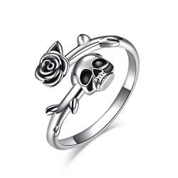 Gothic Skull Ring Sterling Silver Retro Vintage Rose Flower Skeleton Statement Cocktail Party Ring Punk Jewelry for Women Men (9) von ONEFINITY