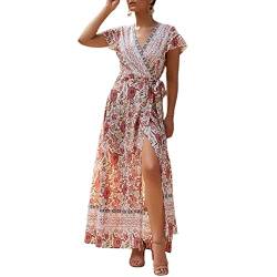 Sommerkleid Boho Kleid V-Ausschnitt Strandkleid Damen Maxikleid Kurzarm A Linie Lang Wickelkleid Alter 16-45 Jahre,Beige,XL von ONLY CHARM