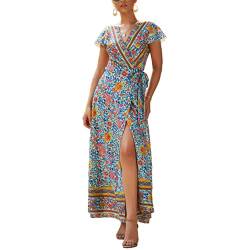 Sommerkleid Boho Kleid V-Ausschnitt Strandkleid Damen Maxikleid Kurzarm A Linie Lang Wickelkleid Alter 16-45 Jahre,Grün,L von ONLY CHARM