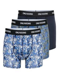 ONLY & SONS Herren ONSFITZ AOP Trunk 3-Pack Boxershorts, Baleine Blue/Detail:BALEINE Blue + Stone Grey + Blue, Small von ONLY & SONS