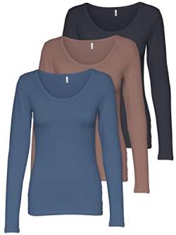 ONLY 3er Pack Damen Langarmshirt schwarz und weiß Langarm Basic Longsleeve Sommer aus 95% Baumwolle XS S M L XL 15209156 (3er Pack Farb Mix 4, XL) von ONLY