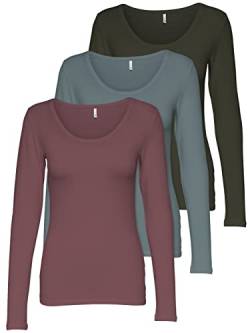 ONLY 3er Pack Damen Langarmshirt schwarz und weiß Langarm Basic Longsleeve Sommer aus 95% Baumwolle XS S M L XL 15209156 (3er Pack Farb Mix 5, S) von ONLY