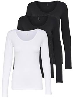 ONLY 3er Pack Damen Langarmshirt schwarz und weiß Langarm Basic Longsleeve Sommer aus 95% Baumwolle XS S M L XL 15209156 von ONLY