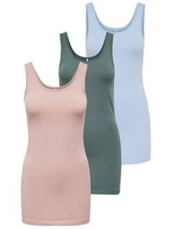 ONLY 3er Pack Damen Oberteile Basic Tank Tops weiß, schwarz, grau, blau, Creme Frauen Shirt lang Sommer Shirts Top 15201465 (M, FarbMix 2) von ONLY