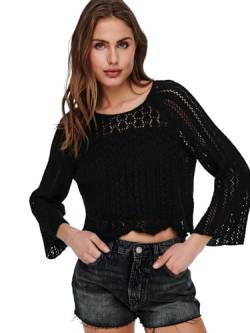 ONLY Damen Eleganter Strickpullover Cropped 3/4 Arm Shirt Knitted Pointelle Stretch Sweater ONLNOLA, Farben:Schwarz, Größe:S von ONLY