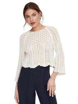 ONLY Damen Eleganter Strickpullover | Cropped 3/4 Arm Shirt | Knitted Pointelle Stretch Sweater ONLNOLA, Farben:Weiß, Größe:L von ONLY