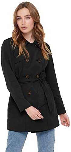 ONLY Damen Kurzer Trench Coat | Eleganter Basic Übergangs Mantel | Jacke Zweireihig mit Gürtel ONLVALERIE, Farben:Schwarz, Größe:S von ONLY