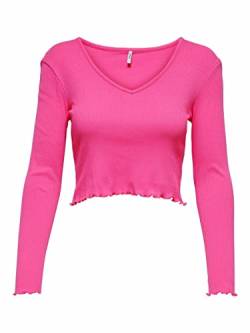 ONLY Damen Kurzes Langarm Shirt | Bauchfreies Longsleeve V-Ausschnitt Crop Top | Gerippt Gewellt ONLODA, Farben:Pink, Größe:M von ONLY