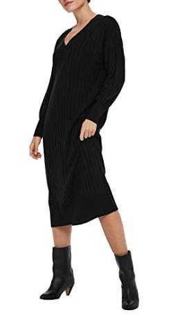 ONLY Damen Langarm Strickkleid Oversized | Loose Fit Midi Knit Dress | V-Neck Shirt Pullover Onlnew Tessa, Farben:Schwarz, Größe:L von ONLY