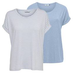 ONLY Damen O-Neck Top T-Shirt Moster 2er Pack Basic Kurzarm Rundhals Shirt Regular Fit Oberteil Sommer Streifen Blau Rose Grün Schwarz XS S M L XL XXL, Größe:L, Farbe:Cashmere Blue w/cd Stripes von ONLY