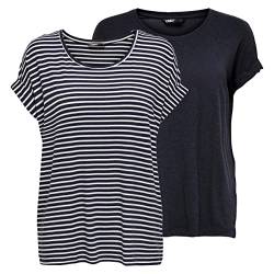 ONLY Damen O-Neck Top T-Shirt Moster 2er Pack Basic Kurzarm Rundhals Shirt Regular Fit Oberteil Sommer Streifen Blau Rose Grün Schwarz XS S M L XL XXL, Größe:XS, Farbe:Night Sky w/cd Stripes von ONLY