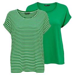 ONLY Damen O-Neck Top T-Shirt Moster 2er Pack Basic Kurzarm Rundhals Shirt Regular Fit Oberteil Streifen Blau Rose Grün Schwarz XS S M L XL XXL, Größe:L, Farbe:Jolly Green w/cd Stripes, (15301600) von ONLY