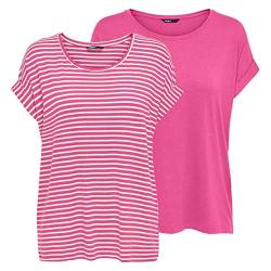 ONLY Damen O-Neck Top T-Shirt Moster 2er Pack Basic Kurzarm Rundhals Shirt Regular Fit Oberteil Streifen Blau Rose Grün Schwarz XS S M L XL XXL, Größe:XS, Farbe:Gin Fizz w/cd Stripes, (15301600) von ONLY