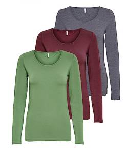 ONLY Damen Onllive Love LS O-Neck TOP 3-Pack, DGM/Vineyard Green, Port Royale, XL von ONLY