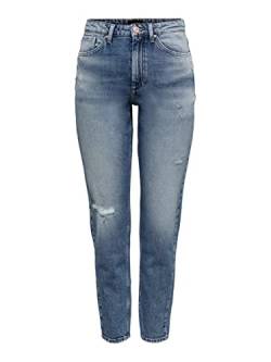 ONLY Damen Mom Jeans Straight | High Waist Denim Stretch Hose | Bleached Used Design ONLVENEDA, Farbe:Blau, Größe:XS / 34L von ONLYnoos