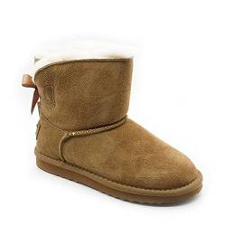 OOG Boots Damen 6 Zoll Premium Stiefel mit Schleife, Schneestiefel mit Echt-Leder, warme und Fell gefütterte Winterschuhe, rutschfeste, Flache und Kurze Stiefel in Camel 41 EU von OOG