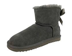 OOG Boots Damen 6 Zoll Premium Stiefel mit Schleife, Schneestiefel mit Echt-Leder, warme und Fell gefütterte Winterschuhe, rutschfeste, Flache und Kurze Stiefel in Grau 38 EU von OOG