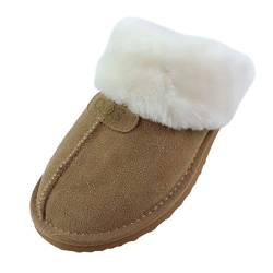 OOG Herren Hausschuhe mit Echt-Leder, Warmer Plüsch, Warm, Memory Foam, rutschfeste Slippers Winter Wärme House Slippers in Camel 42 EU von OOG