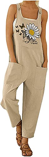 Damen-Jumpsuit, lässiger Straps-Jumpsuit, Sommer, Blumenmuster, lockere Beine, Overall, Latzhose, Übergröße, Baggy, lang, Haremshose mit Tasche, khaki, 38 von OOGUDE