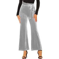 Damen Velours Hose Weites Bein Samt Elastische Taille Hosen Loose Fit Lange Lounge Casual Sweatpants, grau, XL von OOGUDE