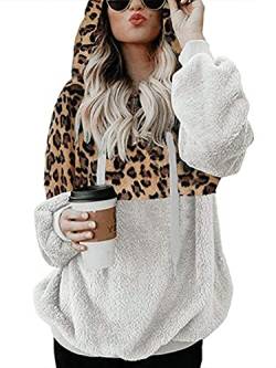 Frauen Flauschige Fleece Hoodies Lose Leopard Patchwork Pullover Oversized Reißverschluss Kapuzenpullover Sweatshirt Tops, weiß, 36 von OOGUDE