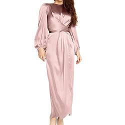 OOGUDE Damen Abendkleider Einfarbig Wickelfront Satin Puff Langarm Maxikleider Selbstbinden Abaya Dubai Türkei Hijab Robe Kaftan, rose, Medium von OOGUDE