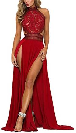 OOGUDE Damen Abendkleider Neckholder Ärmellos Maxi Cocktail Party Kleid Rückenfrei Durchsichtig Hoher Schlitz Formell Lange Kleider, rot, S von OOGUDE