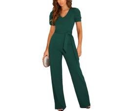 OOGUDE Damen Kurzarm Jumpsuits V-Ausschnitt Tops Weite Bein Hose Sommer Casual Playsuit mit Gürtel, dunkelgrün, 36 von OOGUDE