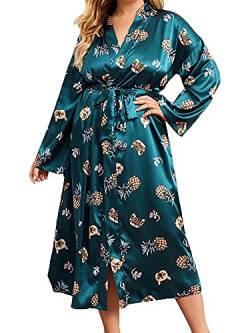 OOGUDE Damen Morgenmantel Robe Pyjama Bademantel Kimono Nachthemd Floral Printed Nightwear Waistband Nightdresses Plus Size, grün, 52 von OOGUDE