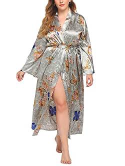 OOGUDE Damen Morgenmantel Robe Pyjama Bademantel Kimono Nachthemd Floral Printed Nightwear Waistband Nightdresses Plus Size, hellgrau, 52 von OOGUDE