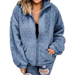 OOGUDE Flauschige Damen-Fleecejacke, Reißverschluss, vorne offen, übergroß, mit Kapuze, einfarbig, Strickjacke, Mantel, Oberbekleidung mit Taschen, blau, 42 von OOGUDE