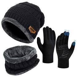 Wintermütze Schal Touchscreen Handschuhe Set - Unisex Beanie Strickmütze Winterschal Thermo | Fleecefutter Warme Knit Hut Loop Rutschfeste | für Herre Ski 3-in-1 Winter-Set von OOPOR