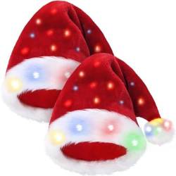 OPAKY 2 Stück beleuchtete Weihnachtsmannmützen für Erwachsene mit Bommeln, weiche Plüsch-Weihnachtsmütze mit Lichtern für Herren und Damen Kapitänsmütze Original (Red, One Size) von OPAKY