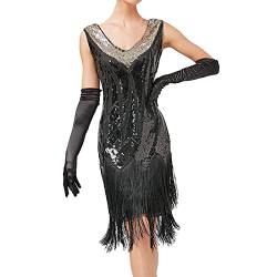 OPAKY Vintage-Kleid für Damen, sexy, ärmelloses Kleid, 1920er Jahre, Pailletten, Perlen, doppelte Quasten, Partynacht, Flapper-Kleid Kleid Damen Elegant Langarm Kurz (Black, L) von OPAKY
