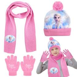 Kinder Strickmütze,Schal und Handschuhe 3 in 1 Set,Warme Wintermütze Geschenke für Kinder Jungen Mädchen 3–6 Jahre,Hochwertige Cartoon-Drucke (Lila) von OPEIXSAYKOC