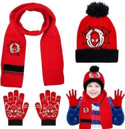 Kinder Strickmütze,Schal und Handschuhe 3 in 1 Set,Warme Wintermütze Geschenke für Kinder Jungen Mädchen 3–6 Jahre,Hochwertige Cartoon-Drucke (Rot) von OPEIXSAYKOC