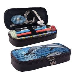 Delphin Liebhaber Drucken Bleistift Fall Leder Bleistift Beutel Große Kapazität Stift Tasche Mit Doppel Reißverschluss Für Büro, Schwarz , Einheitsgröße von OPSREY