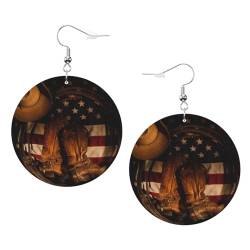 OPSREY Amerikanische Flagge mit Cowboystiefeln bedruckte Damen-Lederohrringe runde Ohrringe leichte baumelnde Ohrringe, Einheitsgröße, Kunstleder von OPSREY