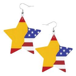OPSREY Amerikanische Spanien-Flagge, bedruckte Damen-Leder-Ohrringe, Stern-Ohrringe, leichte baumelnde Ohrringe, Einheitsgröße, Kunstleder von OPSREY