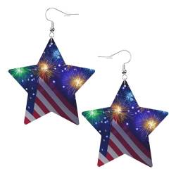 OPSREY Feuerwerk Amerikanische Flagge 4. Juli bedruckte Damen-Leder-Ohrringe Stern Ohrringe leichte baumelnde Ohrringe, Einheitsgröße, Kunstleder von OPSREY