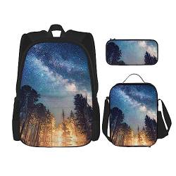 OPSREY Galaxy Night Sky Print Rucksack Große Kapazität Reise Daypack Mit Mittagessen Tasche Und Federmäppchen 3 In 1 Für Damen Herren, Schwarz, One Size, Daypack Rucksäcke, Schwarz , Einheitsgröße, von OPSREY