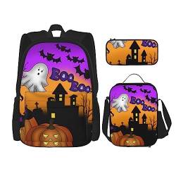 OPSREY Halloween-Rucksack mit Eulen- und Kürbis-Druck, große Kapazität, Reise-Tagesrucksack mit Lunchtasche und Federmäppchen, 3-in-1, für Damen und Herren, Schwarz, Einheitsgröße, Schwarz , von OPSREY