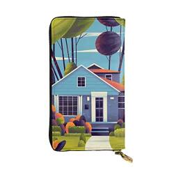 OPSREY House Home Print Lange Geldbörse Leder Frauen Reißverschluss Rund Geldbörse Clutch Tasche Reise Kartenhalter Geldbörse, Schwarz, Einheitsgröße, Schwarz , Einheitsgröße von OPSREY