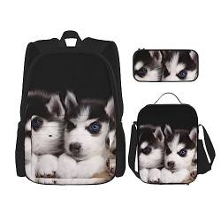 OPSREY Husky Rucksack mit Hunde-Aufdruck, große Kapazität, Reise-Tagesrucksack mit Lunchtasche und Federmäppchen, 3-in-1, für Damen und Herren, Schwarz, Einheitsgröße, Schwarz , Einheitsgröße von OPSREY