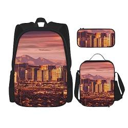 OPSREY Las Vegas Rucksack mit Sonnenuntergang-Druck, große Kapazität, Reise-Tagesrucksack mit Lunchtasche und Federmäppchen, 3-in-1 für Damen und Herren, Schwarz, Einheitsgröße, Tagesrucksäcke, von OPSREY