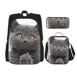 OPSREY Lustige Katzen Druck Rucksack Große Kapazität Reise Daypack Mit Mittagessen Tasche Und Federmäppchen 3 In 1 Für Frauen Männer, Schwarz, One Size, Daypack Rucksäcke, Schwarz , Einheitsgröße, von OPSREY