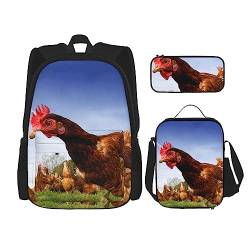 OPSREY Lustiger Rucksack mit Huhn und grünem Gras, große Kapazität, Reise-Tagesrucksack mit Lunchtasche und Federmäppchen, 3-in-1, für Damen und Herren, Schwarz, Einheitsgröße, Schwarz , Einheitsgröße von OPSREY